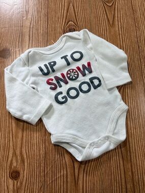 7/$20 Chick Pea White "Up To Snow Good" Long-Sleeve Baby One-Piece Onesie Cotton
